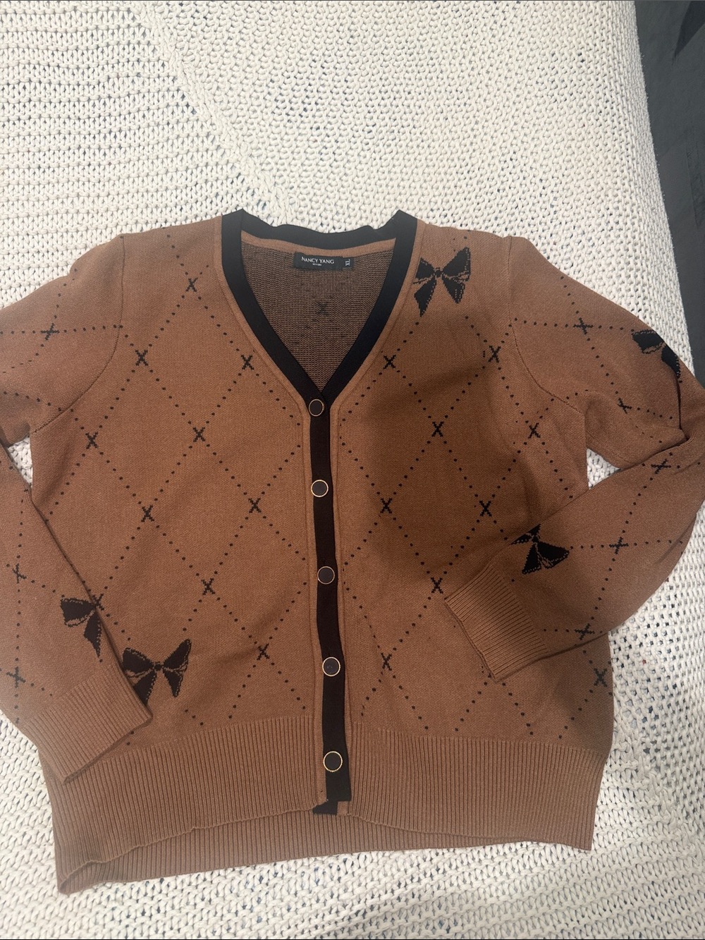 Elegant Brown Bow-Accent V-Neck Cardigan